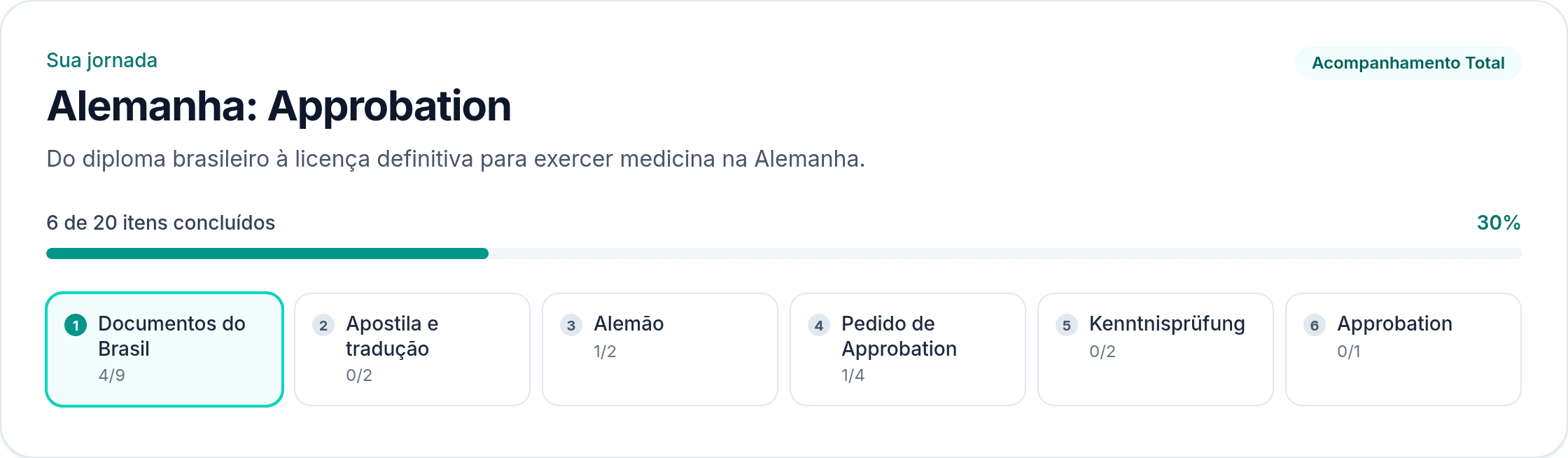 Painel Minha Jornada mostrando a rota da Alemanha com 30% concluído e as seis etapas até a Approbation